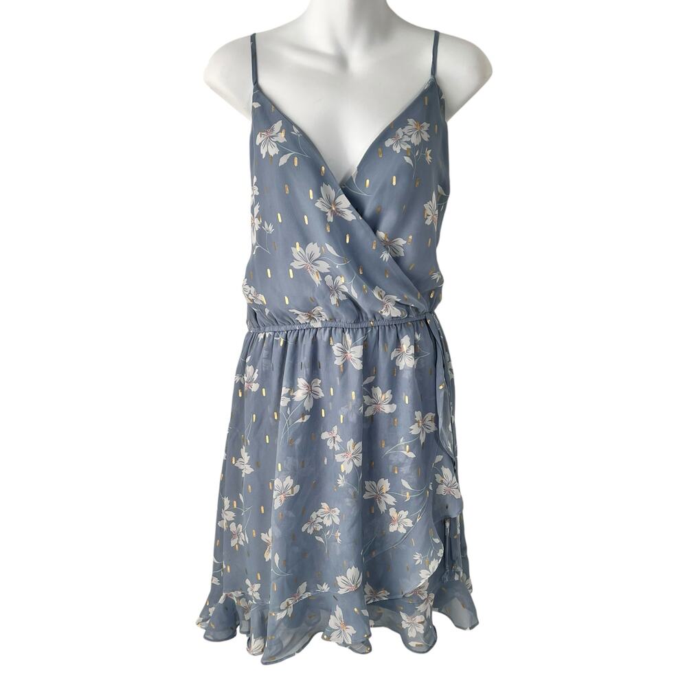 Sleeveless Blue‎ Gold Floral Faux Wrap Dress Large Lined Cottagecore Coquette